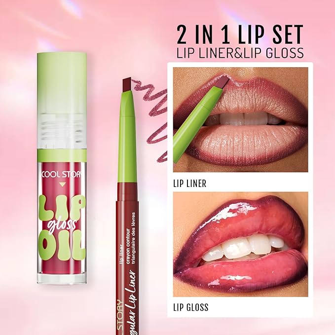 Lip Liner Pale Dusty Rose Lip Oil Gloss Click Clear Shimmer, Long Wear Makeup Fat Oil Set With Natural Oils for Nourishment, Moisturizing Lip Lipstick Lip Liner Pencil Combo Set