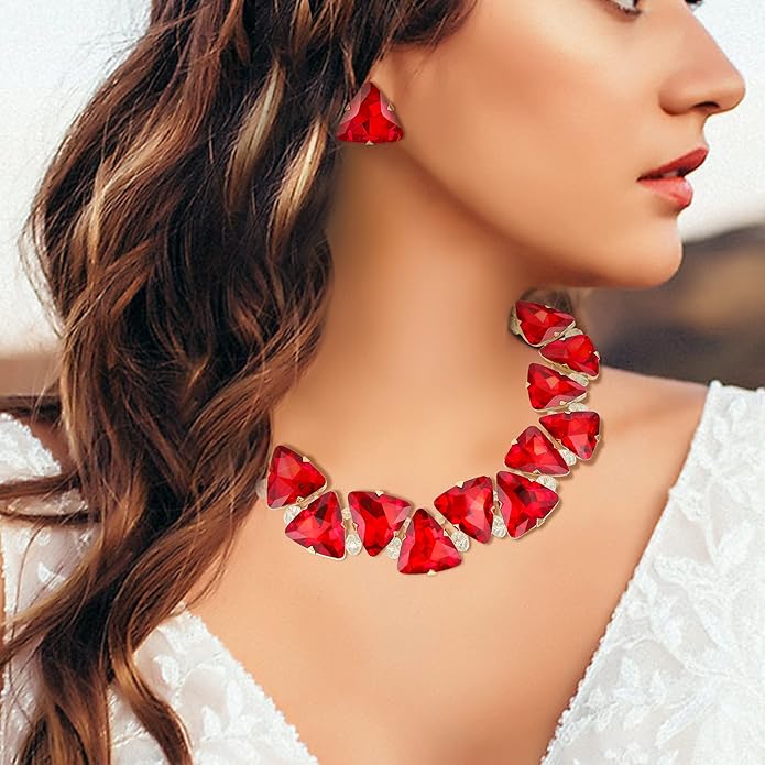 BriLove Art Deco Sparkly Triangle Statement Necklace Earrings Set for Women
