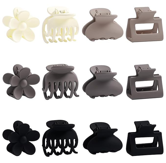 Matte Hair Clips for Women, 12 PCS Small Hair Claw Clips for Thin/Medium Fine Hair 1.6 Inch Banana Claw Clips 4 Style Non-Slip Cute Hair Accessories