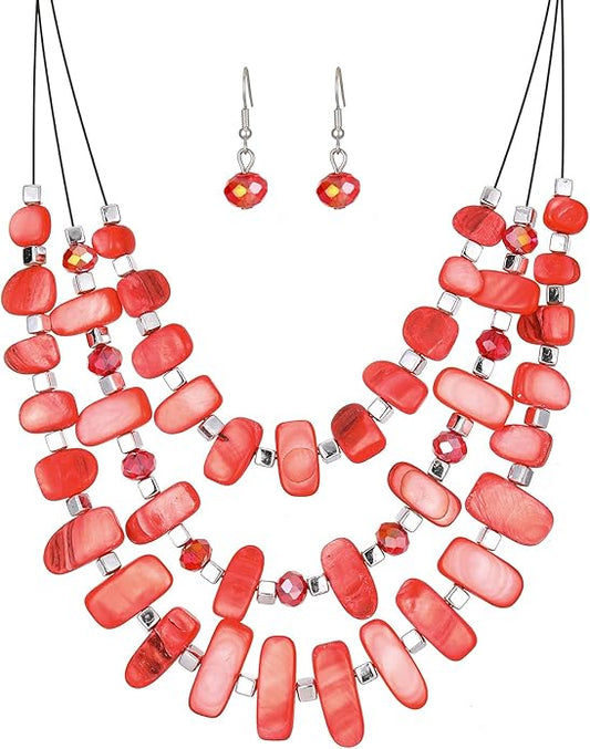 3 Layered Chunky Statement Necklace for Women Beaded Strand Necklaces with Earring Fashion Costumes Collar Necklace Jewelry Sets Gifts for Women