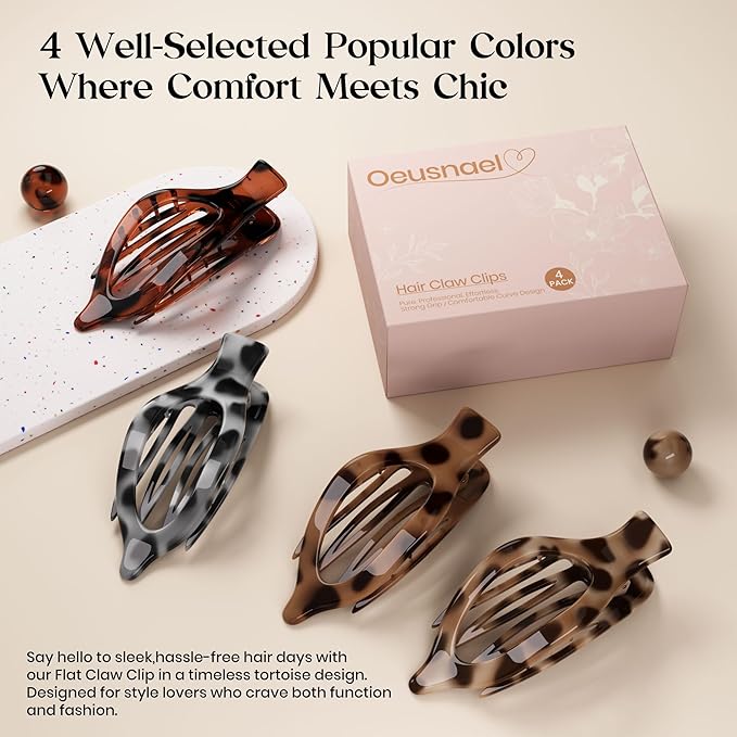 4 PCS Large Flat Hair Clips for Women Girls, French Concord Lay Down Claw Clips for Thick Thin Hair, Comfortable Curved Flat Clip, Leopard Print Strong Hold Hair Accessories, Tortoise Design