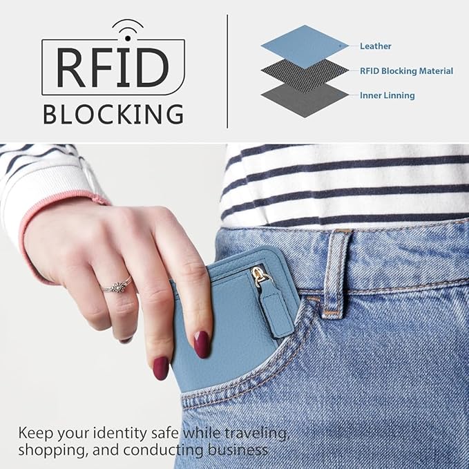 Genuine Leather Wallet for Women Slim Bifold RFID Blocking Secure with Zipper Closure and ID Window (Blue)