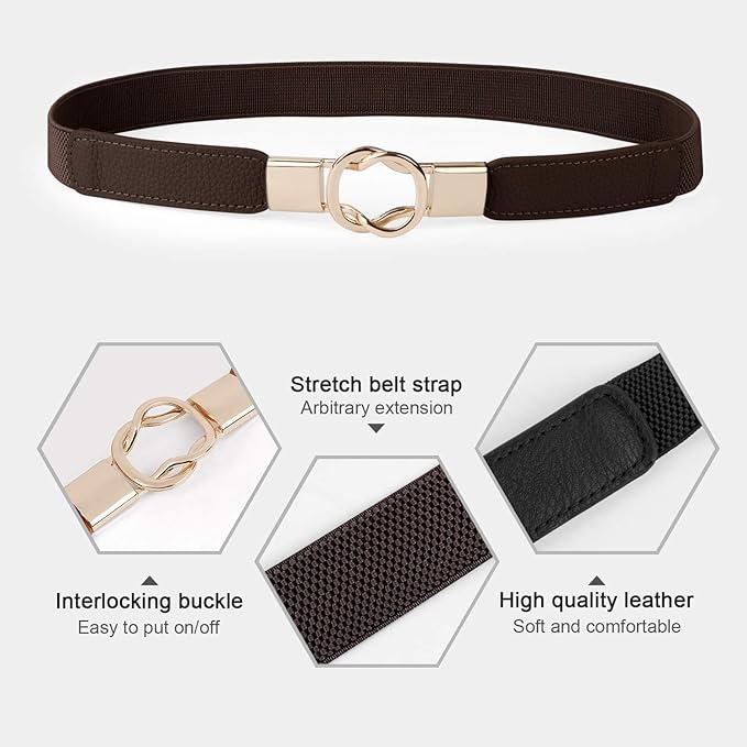 WERFORU Women Skinny Belt for Dresses Retro Stretch Waist Belt with Gold Buckle Set of 4