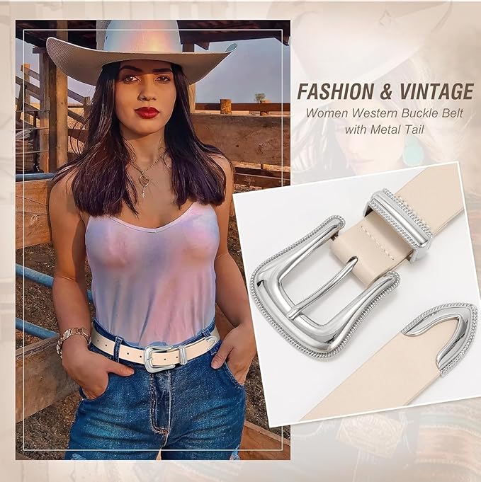 Genuine Leather Belt for Women - Silver Buckle Strap for Jeans & Dresses
