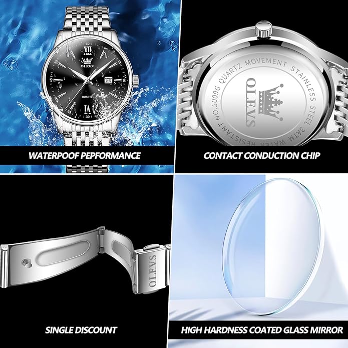 OLEVS Mens Watch Stainless Steel Analog Quartz Watches for Men Day Date Easy Read Diamond Waterproof Dress Luxury Classic Casual Big Face Blue/Black/Gold/Silver Roman Arabic Numerals Men's Wrist Watch