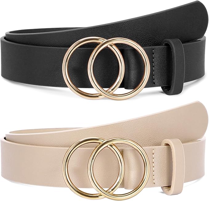 SUOSDEY Women Leather Belt Fashion Double O-Ring Soft Faux Leather Waist Belts For Jeans Dress