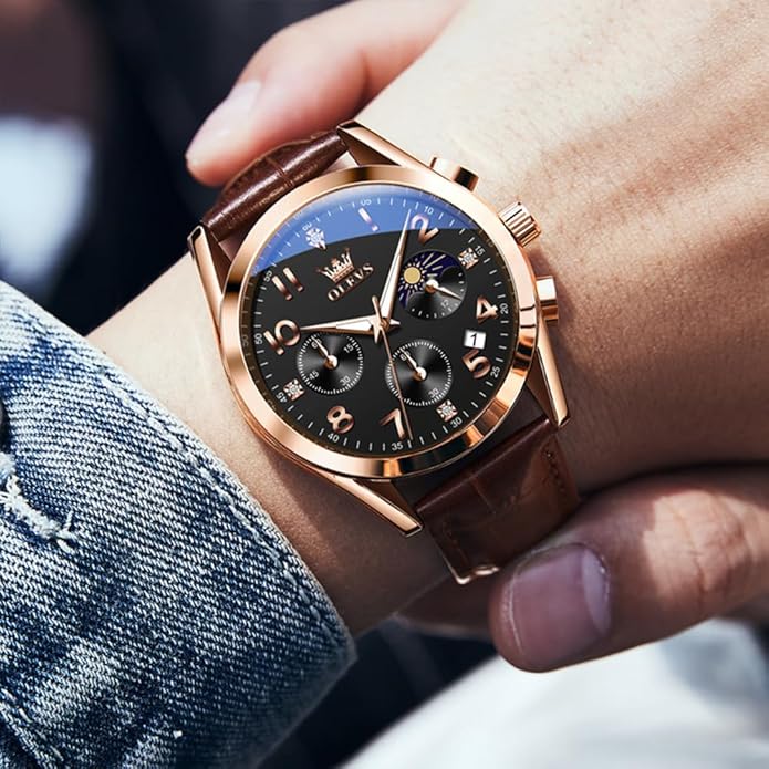 OLEVS Men's Watches Brown Leather with Date,Casual Watches for Men,Large Face Watches Men,Chronograph Mens Watch,Sport Waterproof Business Dress Analog Quartz Men's Wrist Watches Reloj De Hombre