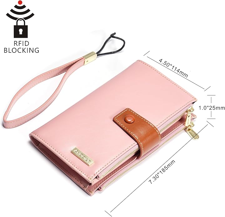 ANDOILT Wallet Women RFID Blocking Genuine Leather Bifold Multi Card Organizer Wristlet Purse Cell Phone Handbag