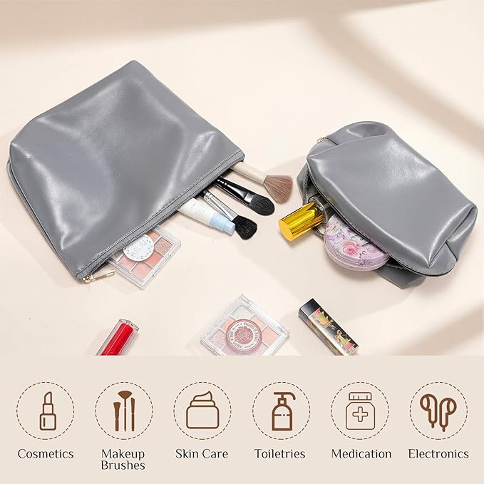Kigeli 2 Pcs PU Leather Makeup Bag Set for Women Aesthetic Cosmetic Bag Small Toiletry Travel Pouch for Purse Emergency Skincare Organizer Valentine Gifts for Bridesmaid Birthday(Gray)