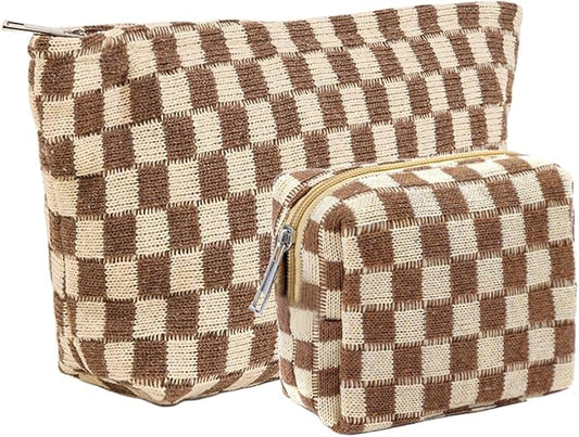 2 Pieces Makeup Bag Set, Small Brown Checkered Cosmetic Bag Travel Toiletry Organizer Mini Cosmetic Pouch Case Makeup Brushes Cute Quilted Aesthetic Accessories Storage Bag for Women