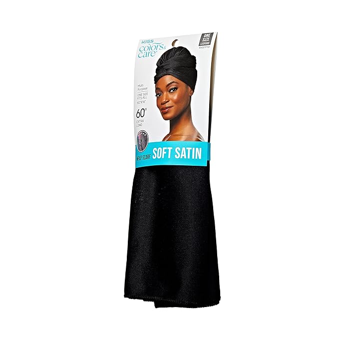 KISS COLORS & CARE Soft Satin Wrap Scarf - Black, Long Lasting, Multi-Purpose, Soft Premium Scarf For Minimizing Frizz, Preventing Breakage & Securing Hair Styles, Wigs & Weaves For All Hair Styles