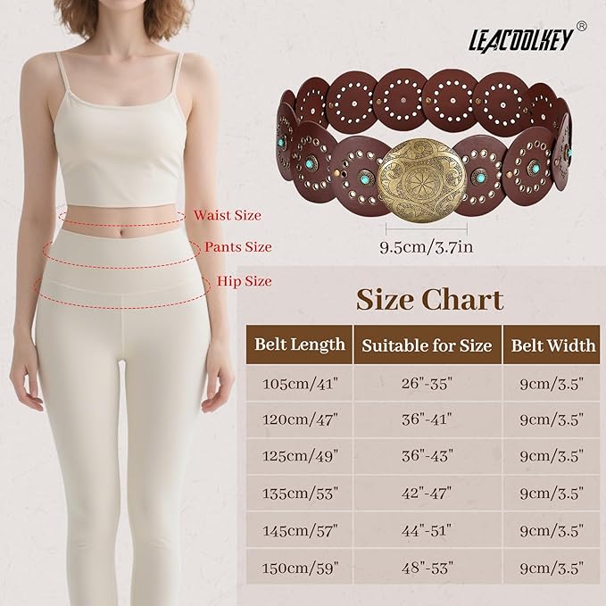 LEACOOLKEY Women's Boho Disc Belt Wide Western Leather Belt Vintage Concho Waist Belts for Dress Jeans