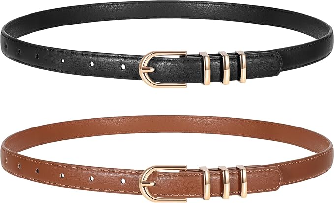 2 Pack Women Skinny Leather Belts for Jeans Pants Thin Faux Leather Belt with Gold Buckle