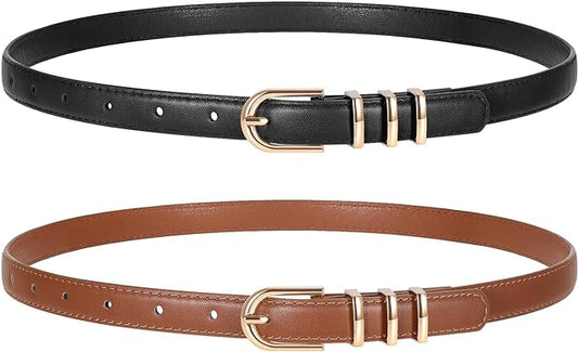 2 Pack Women Skinny Leather Belts for Jeans Pants Thin Faux Leather Belt with Gold Buckle