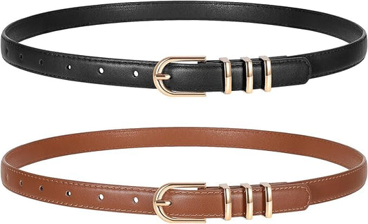 2 Pack Women Skinny Leather Belts for Jeans Pants Thin Faux Leather Belt with Gold Buckle