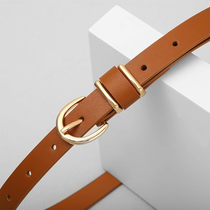 VONMELLI Womens Skinny Leather Belt Thin Waist Belts for Women Fashion Dress Jeans with Gold Buckle