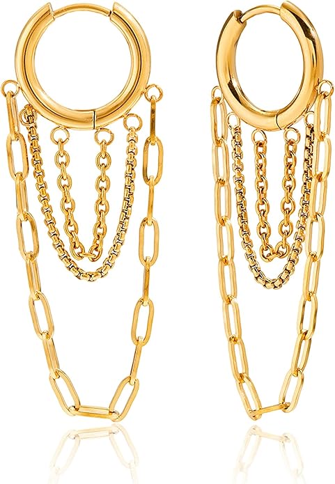 Tassel Chain Hoop Earrings for Women Trendy Two Tone Dangling Chain Earrings Hypoallergenic Fashion Jewelry Gifts