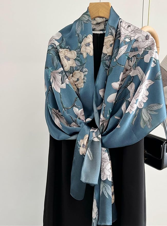 100% Mulberry Silk Scarfs for Women Floral Print Satin Long Scarf for Headscarf Hair Wraps Shawl with Gift Packed