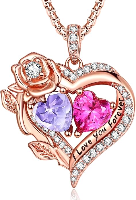 Rose Heart Necklaces for Women, Rose Gold Forever Love Jewelry with 2 Birthstones Pendant, Christmas Anniversarry Birthday Gifts for Her Wife Mom Grandma, 18+2 Inch Chain