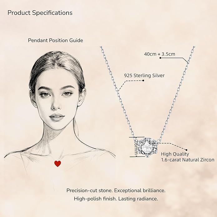 Sterling Silver Necklace with Natural Zircon, Solitaire pendant necklace, Minimalist Dainty Jewelry for Women, Everyday Wear and Gift Idea