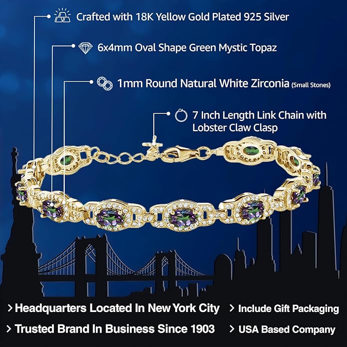Gem Stone King 18K Yellow Gold Plated Silver Oval Gemstone Birthstone Tennis Bracelet For Women | Oval 6X4MM | 7 Inch With 1 Inch Extender | Fine Jewelry Gifts for Her Mom Women Wife