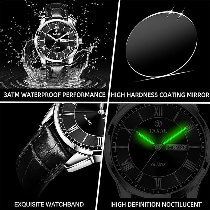 Leather Band Mens Watches with Day Date Quartz Analog Large Face Classic Watch Roman Numerals Dress Luminous Rlojes para Hombres