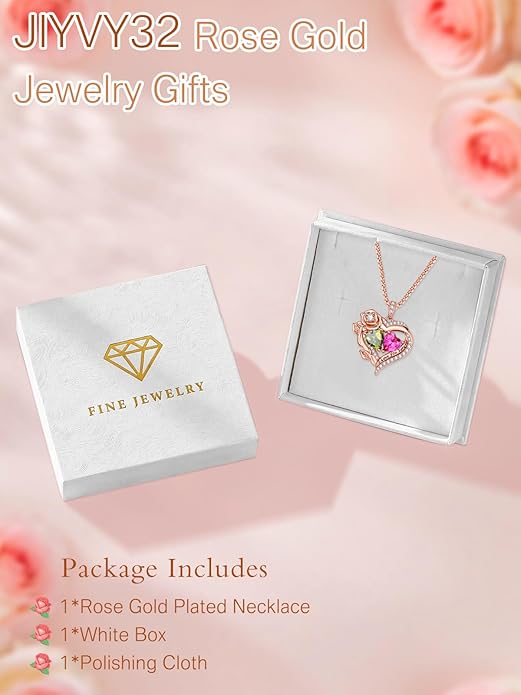 Rose Heart Necklaces for Women, Rose Gold Forever Love Jewelry with 2 Birthstones Pendant, Christmas Anniversarry Birthday Gifts for Her Wife Mom Grandma, 18+2 Inch Chain