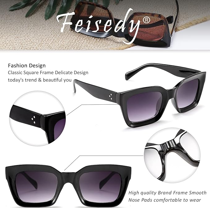 FEISEDY Classic Women Sunglasses Fashion Thick Square Sun Glasses Chunky Frame UV400 B2471