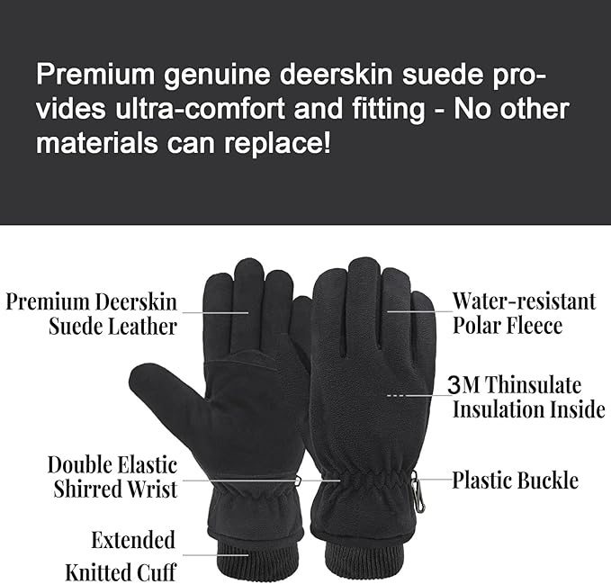 SKYDEER Winter Gloves with Soft Deerskin Suede Leather & Thermal Polar Fleece & Warm 3M Thinsulate Insulation (SD8661T)