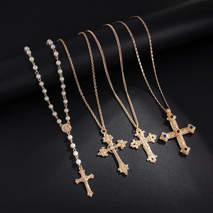Gold Color Cross Pendant Necklace Set for Women,Dainty Big Crystal Cross Imitation pearl Layered Chain Necklace Summer Party Jewelry