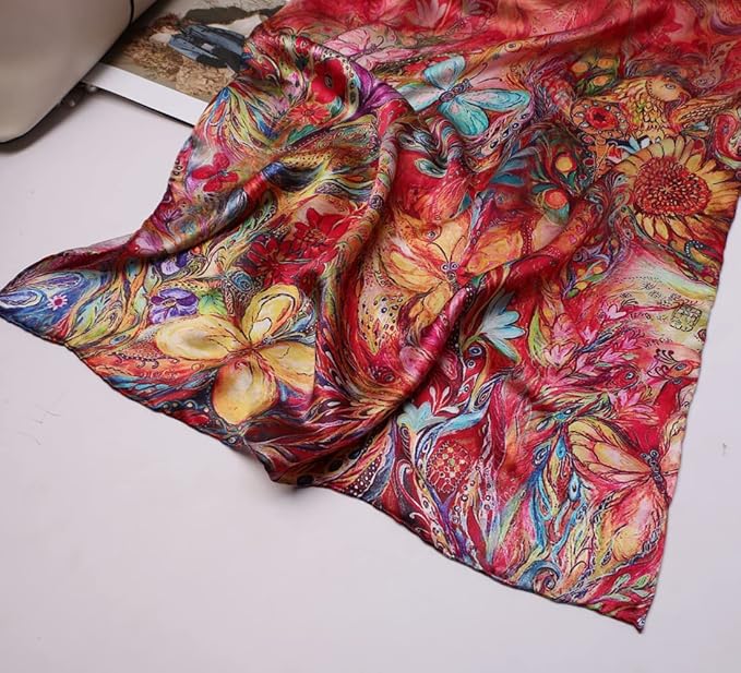 100% Mulberry Silk Scarfs for Women Floral Print Satin Long Scarf for Headscarf Hair Wraps Shawl with Gift Packed
