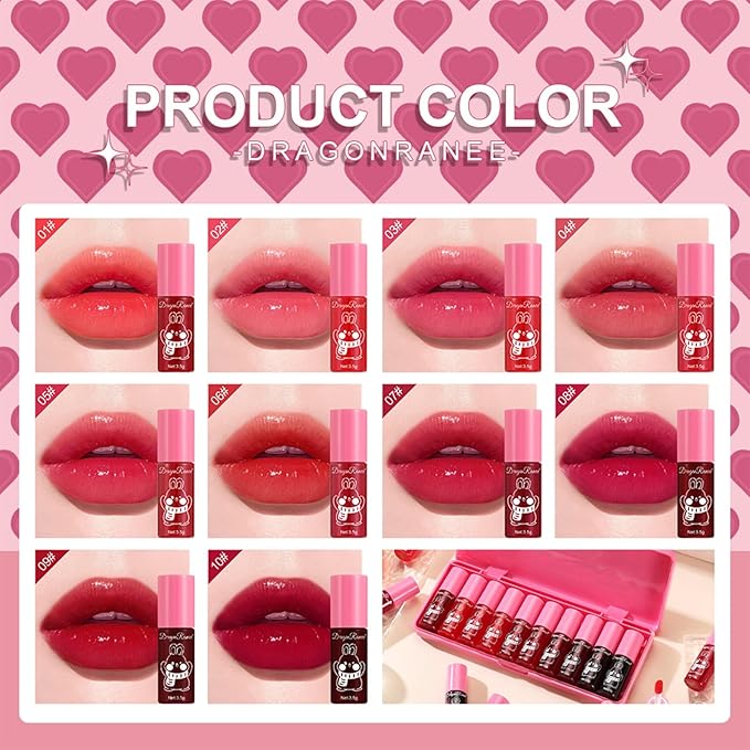 10 Pcs Lip Tint Set Cute Glossy Lip Stains and Matte Lipsticks with Long-lasting and Quick-drying Mini Lip Gloss Lipstick for Makeup Gift (Rabbit, Lip Gloss)