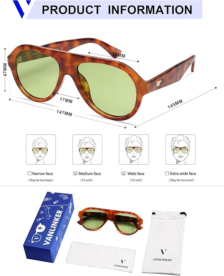 VANLINKER Retro Aviator Polarized Sunglasses for Men Women Trendy 70s Vintage Plastic Frame Sun Glasses VL9750
