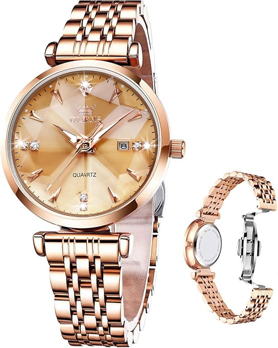 OLEVS Women Watches Simple Dress Ladies Watch Rose Gold Stainless Steel Watch Waterproof Quartz Date Luxury Diamond Small Wristwatch Fashion Analog Female Reloj Mujer Blue White Green Red Yellow Face