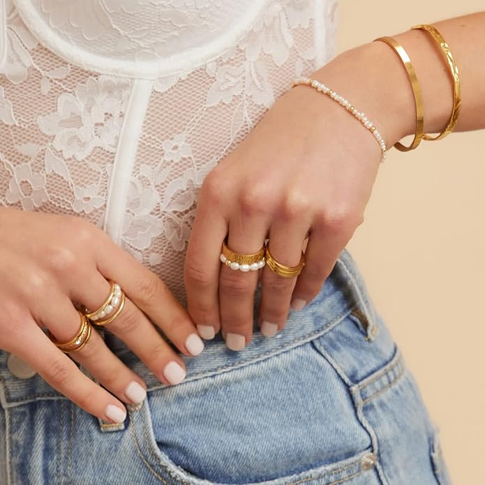 POTESSA 18K Gold Plated Cuff Bracelets Adjustable Dainty Bangle Handemade Jewelry for Women