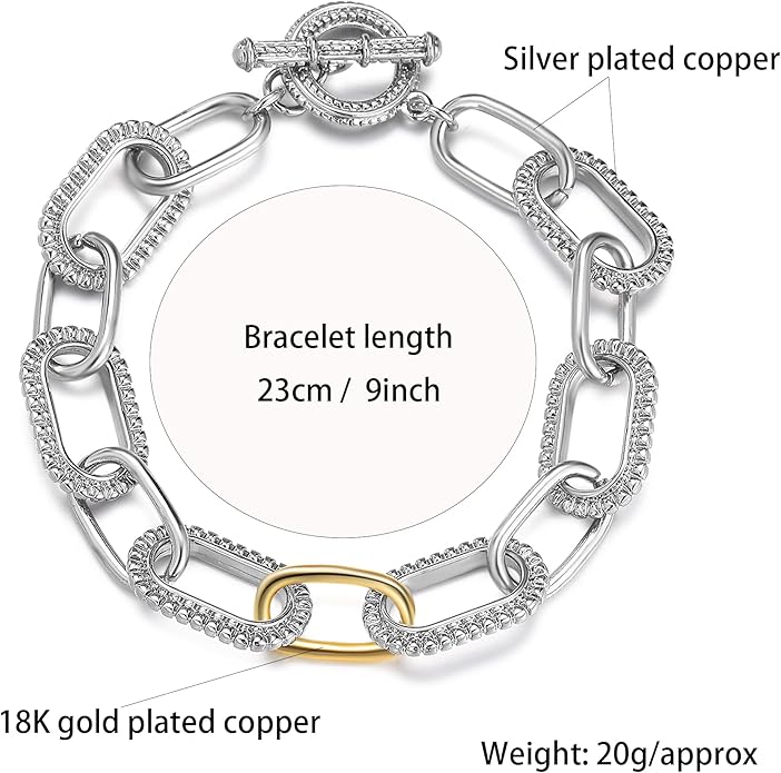 Mytys Link Bracelet for Women Gold and Silver 2 tone Circles Chain Wire Bangle Bracelets