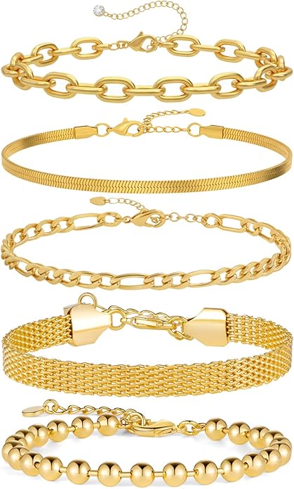 Gold Chain Bracelet Set for Women 14K Gold Plated Bracelets Multi-Layer Stackable Bracelet Dainty Cuban Paperclip Chain Bracelets Pack Jewelry