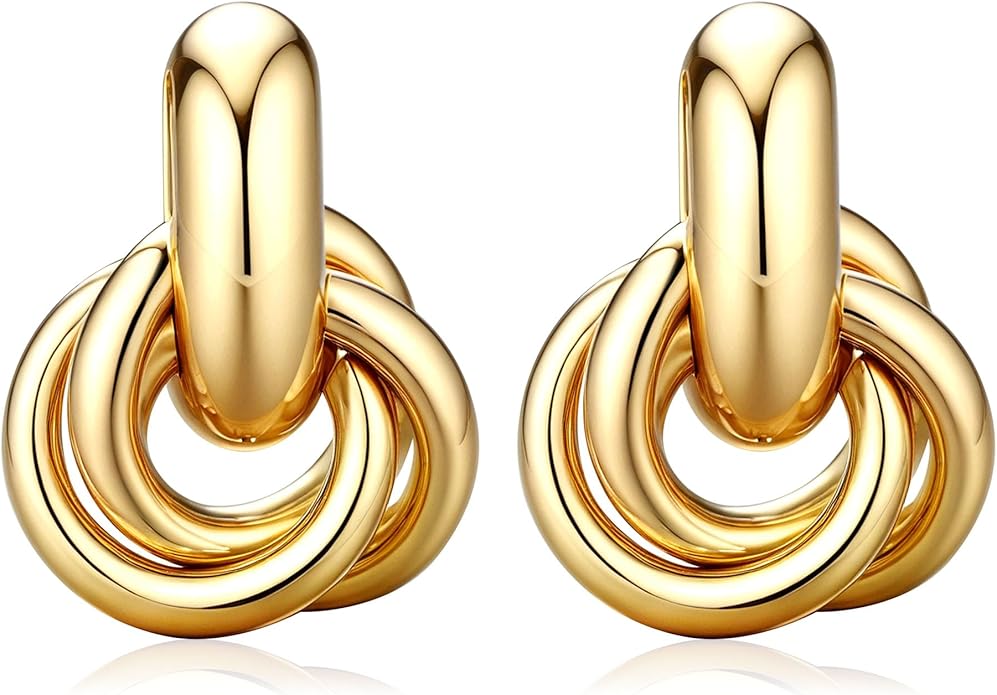 ORAZIO Chunky Gold Plated Knot Earrings for Womens Trendy 925 Silver Statement Lightweight Dangle Drop Hypoallergenic Large Geometric Stud Earring Jewelry for Women