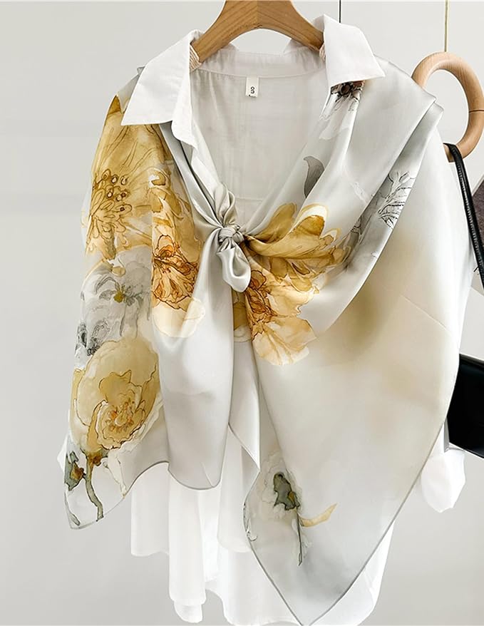 100% Mulberry Silk Scarfs for Women Floral Print Satin Long Scarf for Headscarf Hair Wraps Shawl with Gift Packed