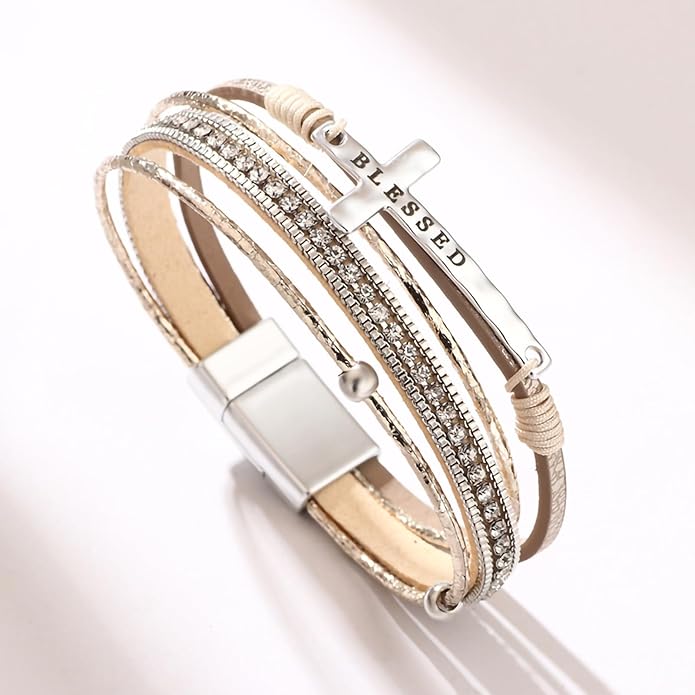 Fesciory Leopard Bracelet for Women, Boho Leather Wrap Multi-Layer Pearl Crystal Bracelet Bangle Jewelry