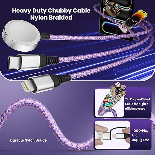 Travel Essentials, 3 in 2 USB A/C Cable to iPhone 17 Charger/Apple Watch Charger/Lightning, Braided Multi Charging Cable Cord, RV Camping Essentials, Designed for iWatch Series & iPhone17-11/iPad-5FT