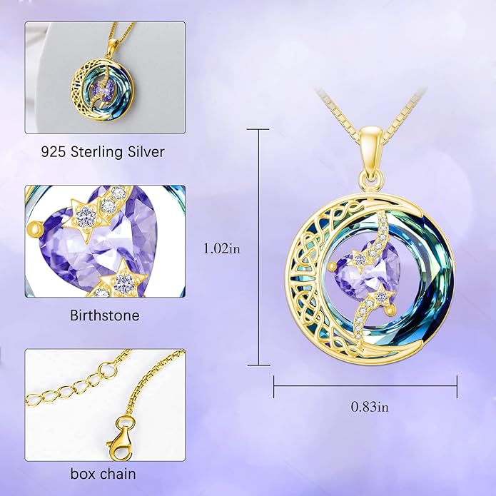 TOUPOP Birthstone Necklace 925 Sterling Silver Moon and Star Pendant with Blue Crystal Celtic Moon Jewelry Birthday Valentines Day Gifts for Women Mom Wife Her