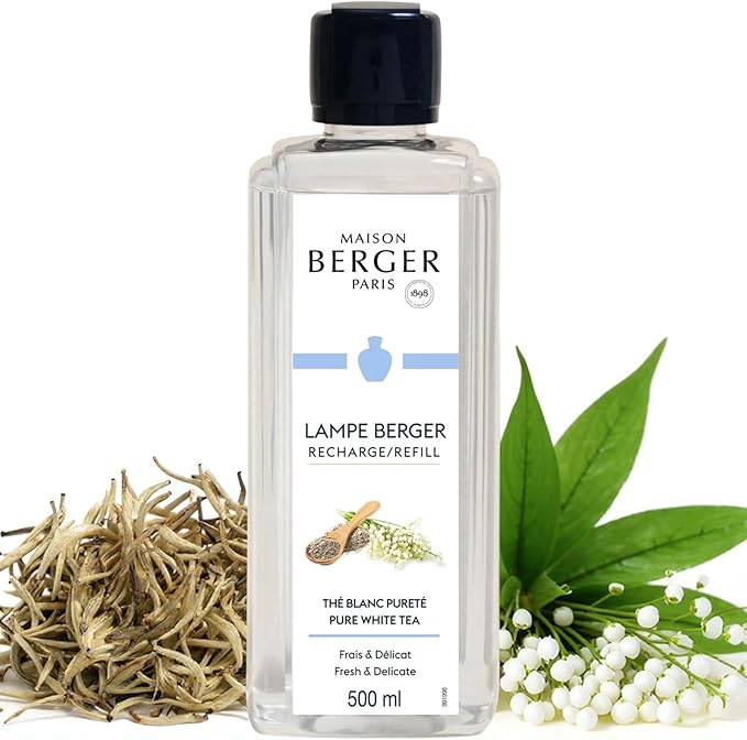 MAISON BERGER Pure White Tea Lampe Berger Refill, 500 ml (16.9 fl oz), 2-in-1 Catalytic System, Neutralizes Odors and Diffuses Fragrance, Blackcurrant, Bergamot, White Tea, Made in France