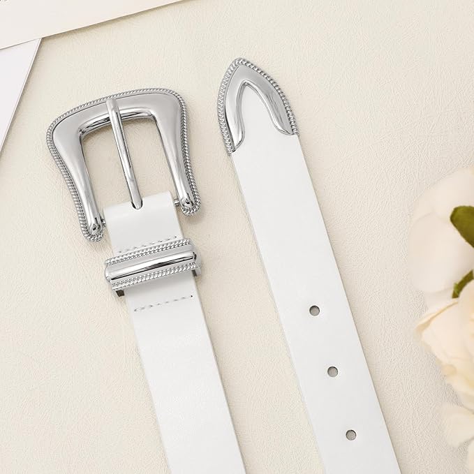Genuine Leather Belt for Women - Silver Buckle Strap for Jeans & Dresses