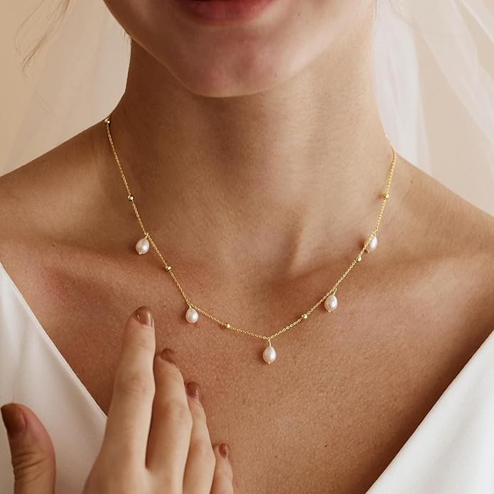 Valentines Day Gifts for Her - 14K Gold Plated Pearl Necklaces for Women Trendy Dainty Necklace Simple Layered Pearl Necklaces for Women Trendy Wedding Birthday Valentines Jewelry