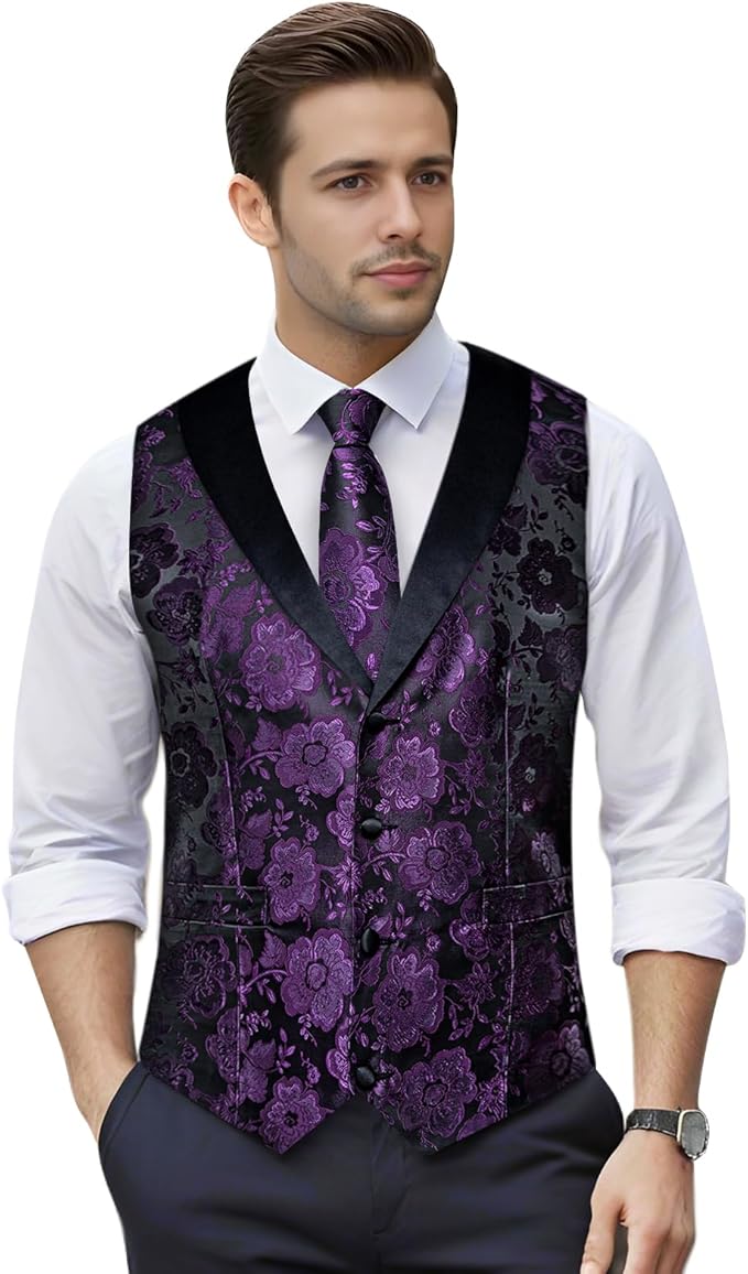 DiBanGu Mens Paisley Suit Vest Silk Jacquard Waistcoat and Necktie Set Formal Shawl Collar Dress Vest 7PCS for Wedding Party