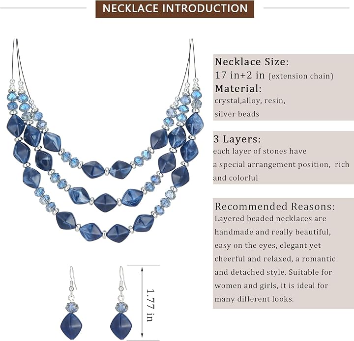 3 Layered Chunky Statement Necklace for Women Beaded Strand Necklaces with Earring Fashion Costumes Collar Necklace Jewelry Sets Gifts for Women