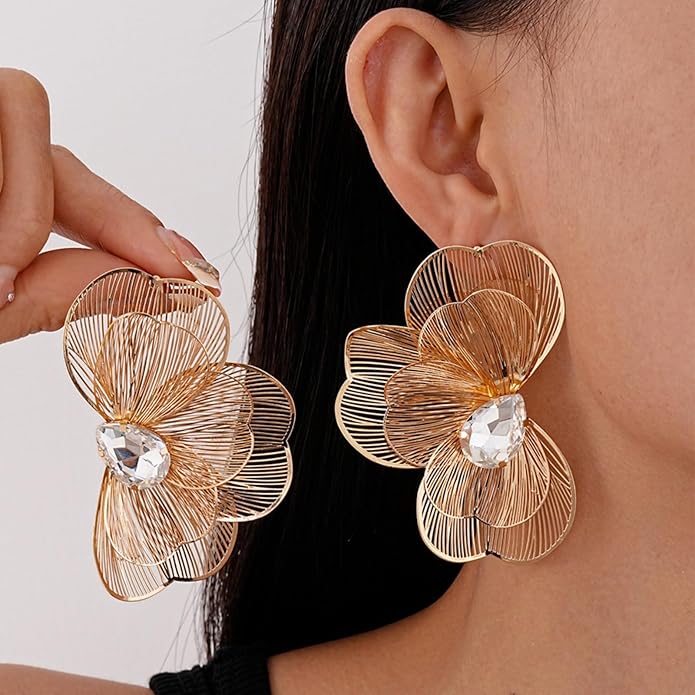 Chunky Flower Earrings 14K Gold Plated Geometry Petal Earrings Vintage Hollowing Out Layered Dangle Earring Fashion Exaggeration Jewelry for Women