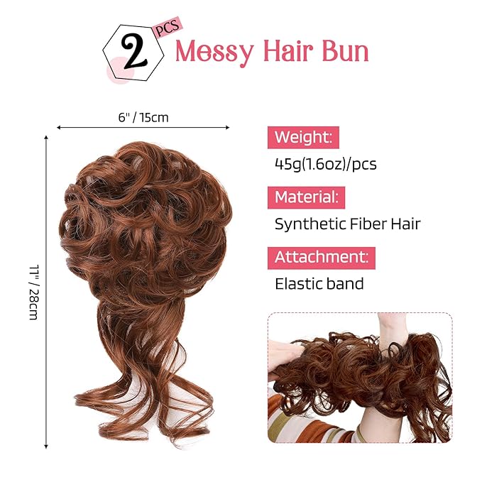 HOOJIH 2PCS Messy Bun Hair Piece, Tousled Updo with Tendrils Hair Bun Extensions Wavy Curly Hair Wrap Ponytail Hairpieces Hair Scrunchies for Women HB010 Dasiy - Dark Copper