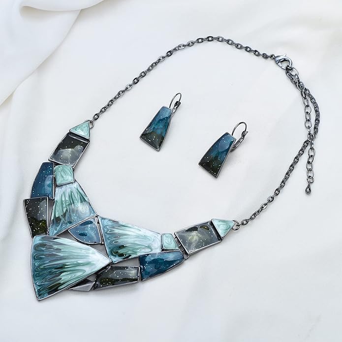 Irregular Enamel Triangle Shape Collar Bib Statement Necklace Earrings Set Women Bridal Jewelry